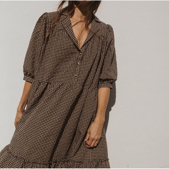 esby Dresses & Skirts - Esby Philippa Gingham Tiered Midi Dress Black Cream Puff Sleeve Large